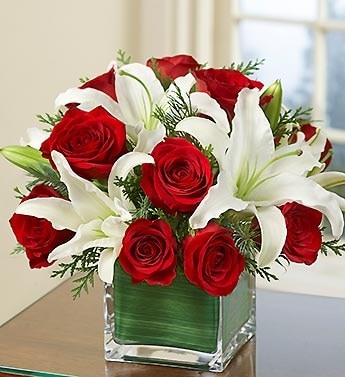 Arrangement of Red Roses and White Liliums